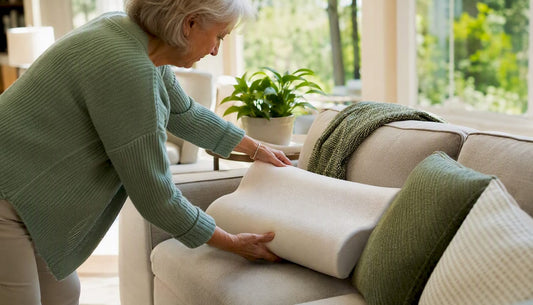 Senior woman adjusting orthopedic cervical-contour pillow