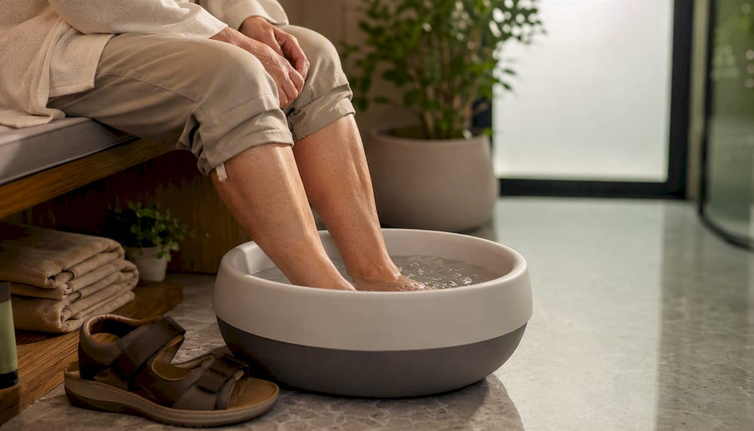 Feet soaking in foot bath at home