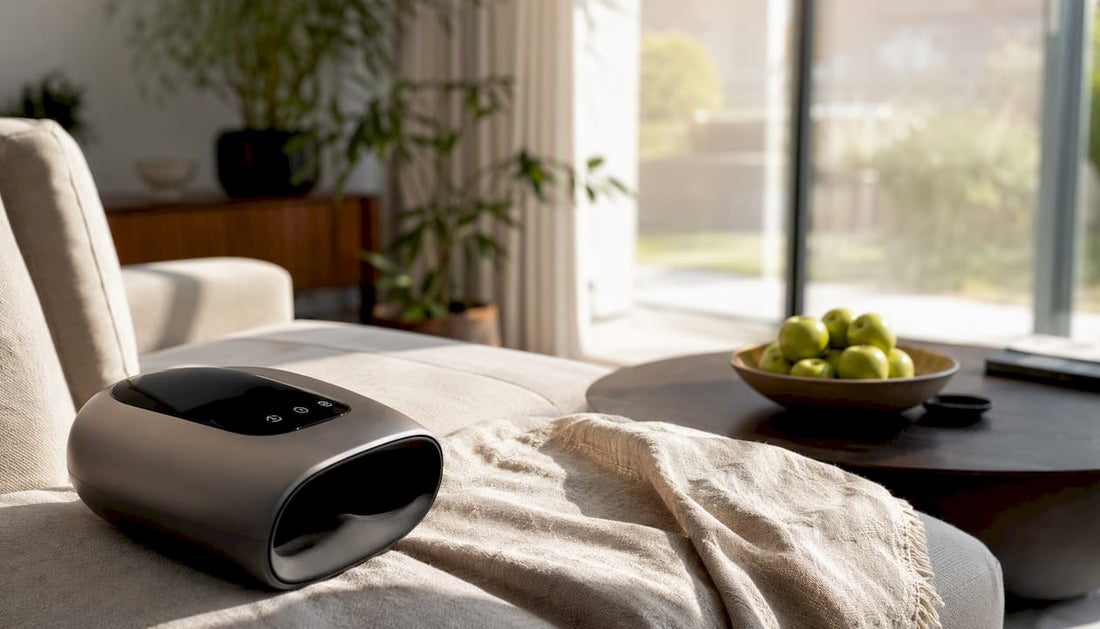 Compact hand massager on bedside table