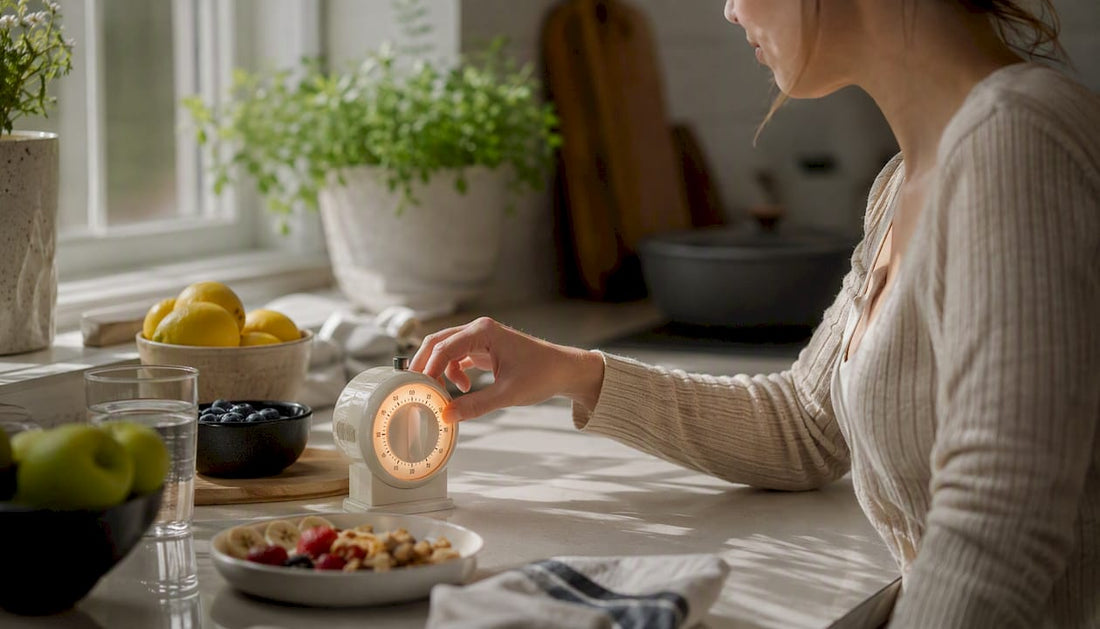 Hand reaching alarm clock in calm bedroom morning