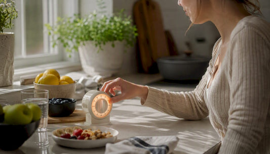 Hand reaching alarm clock in calm bedroom morning