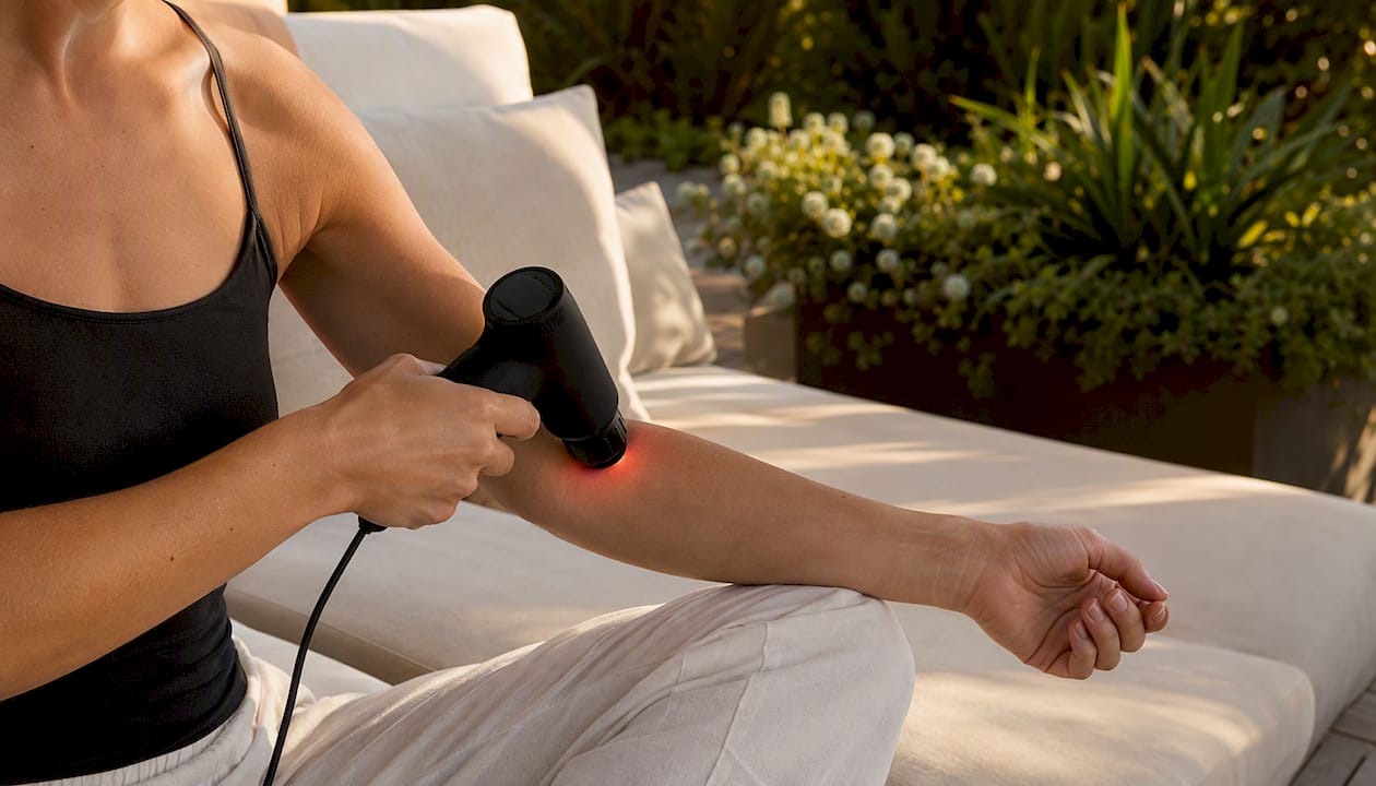 Hand using handheld massager warming forearm