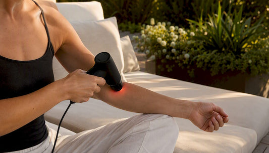 Hand using handheld massager warming forearm