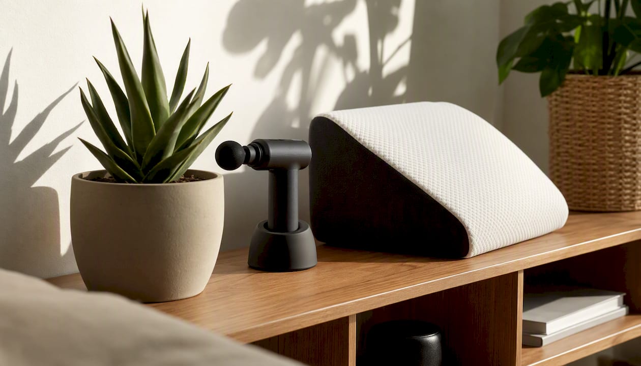 Smart recovery devices on table in wellness nook