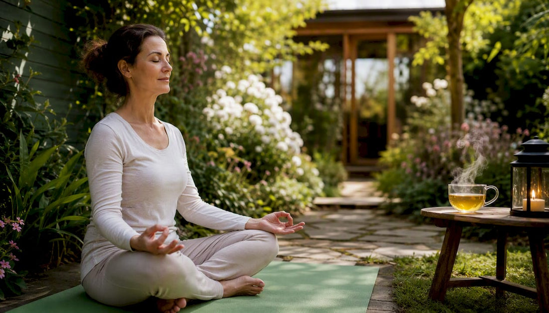 Woman meditating peacefully at home