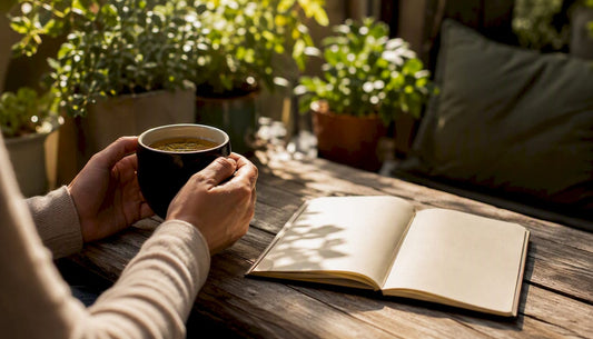 Hands holding tea with gratitude journal nearby