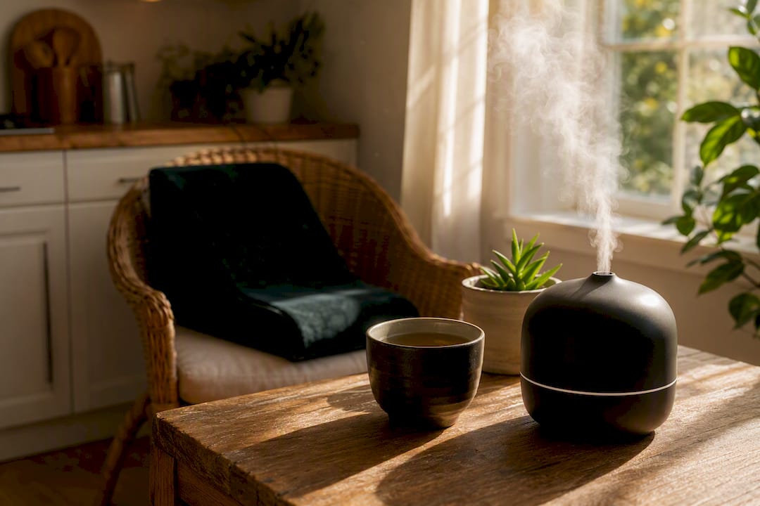 Relaxing home recovery corner with pillow and tea
