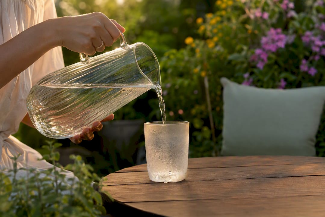 Hands pouring water from glass bottle into glass