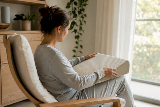 Person adjusting wedge pillow on bed