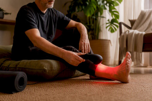 Close-up of foot receiving red light therapy