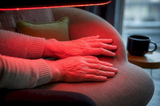 Hands receiving red light therapy at home