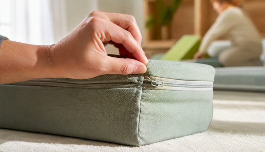Parent checking play couch zipper seam