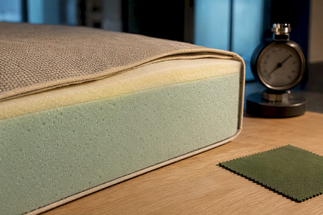 Dense foam cushion with layered construction