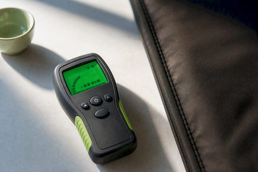 EMF meter beside heated wellness textile