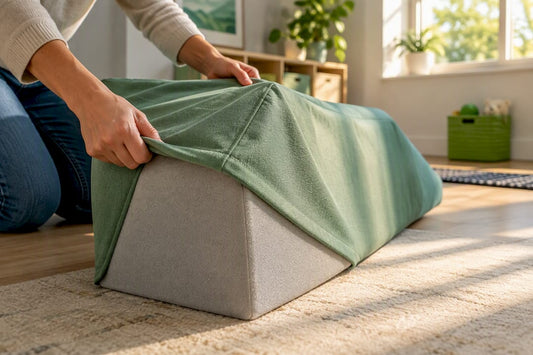Hands fitting replacement cover over foam wedge