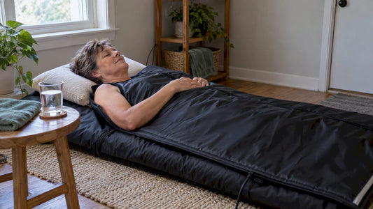 Woman resting on sauna blanket with water