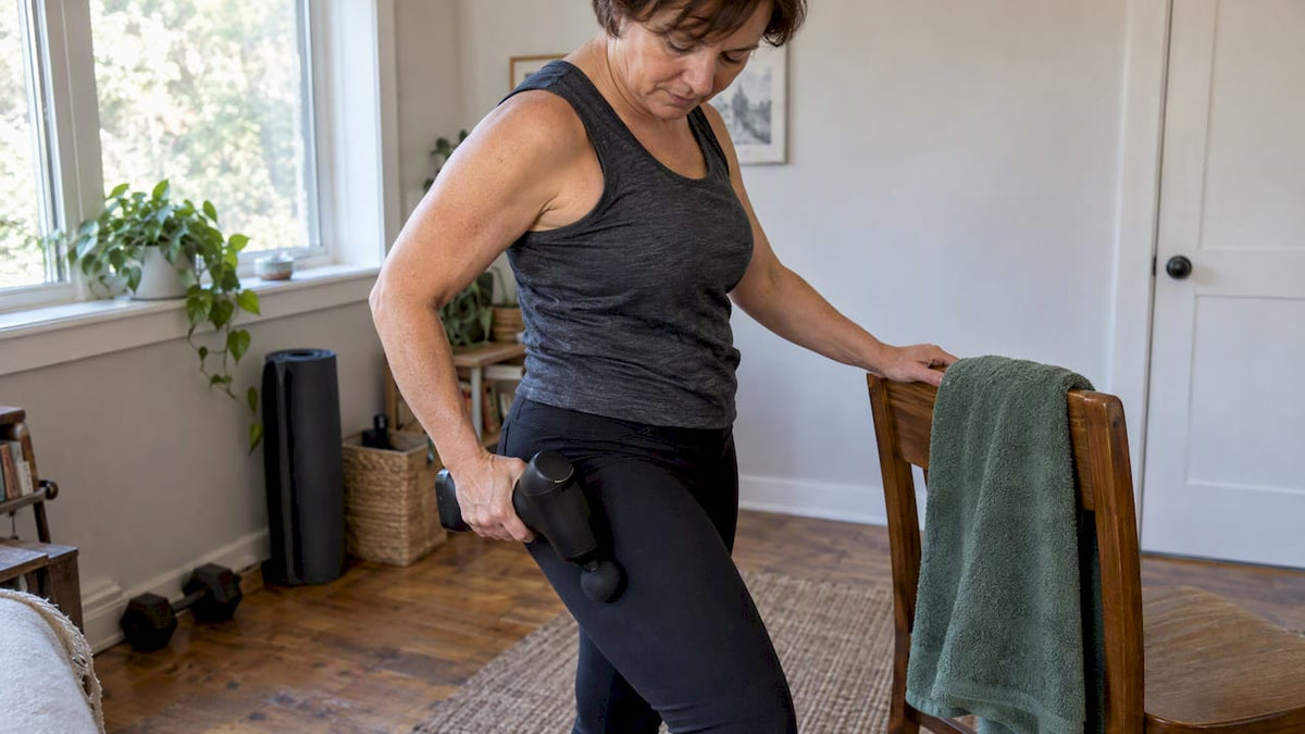 Woman using massage gun on thigh