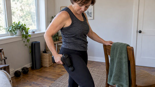 Woman using massage gun on thigh