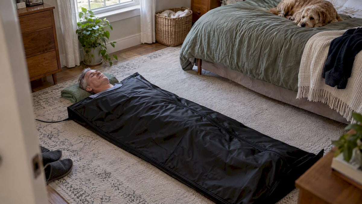 Man resting inside a home sauna blanket