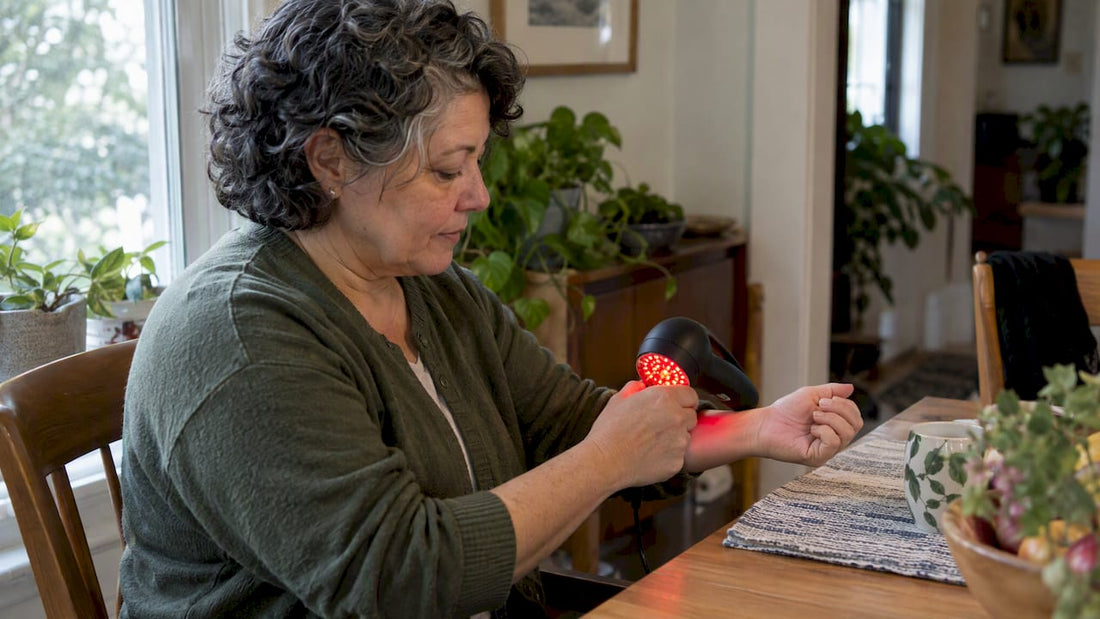 Woman applying red light therapy to wrist