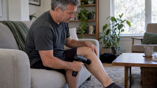 Man lightly using a massage gun on his calf