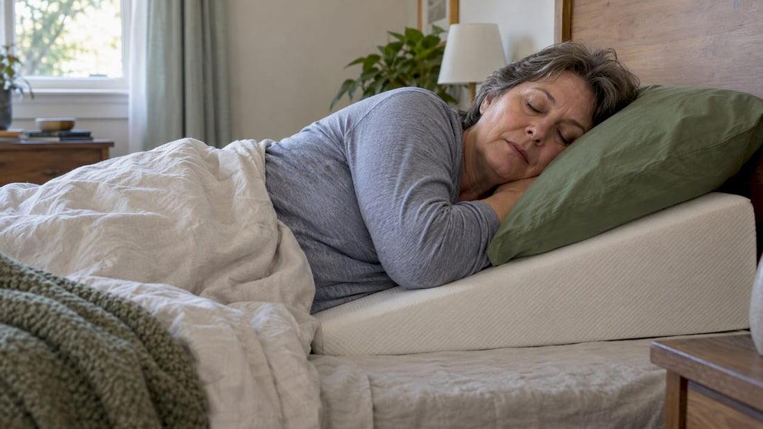 Woman sleeping on her side on a wedge pillow