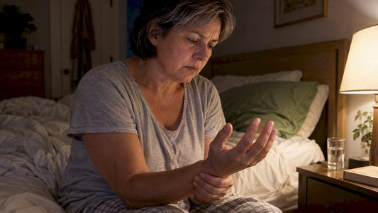 Woman checking her fingers beside her bed
