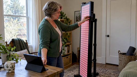 Woman examining a red light therapy panel