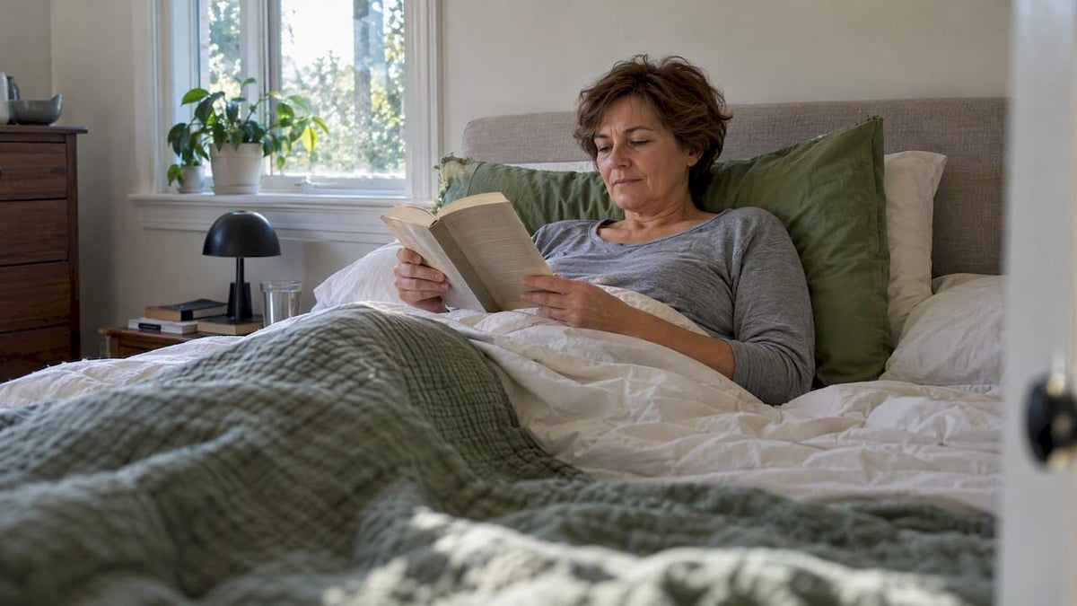 Woman reading while comfortably reclined in bed