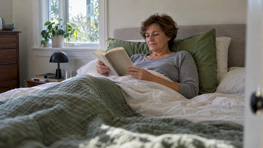 Woman reading while comfortably reclined in bed