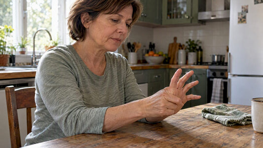 Woman gently moving fingers at kitchen table