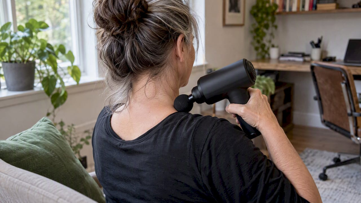 Massage gun kept on upper shoulder