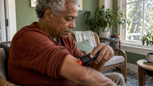 Man applying red light therapy to elbow