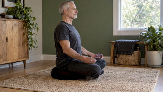 Man meditating upright on a supportive cushion