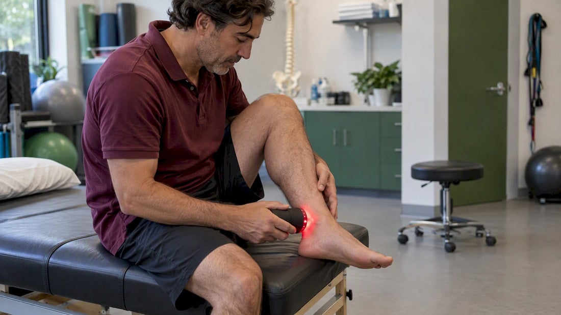 Man positioning red light device near ankle