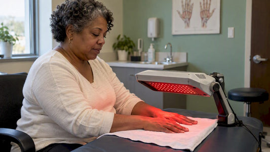 Woman receiving red light hand therapy