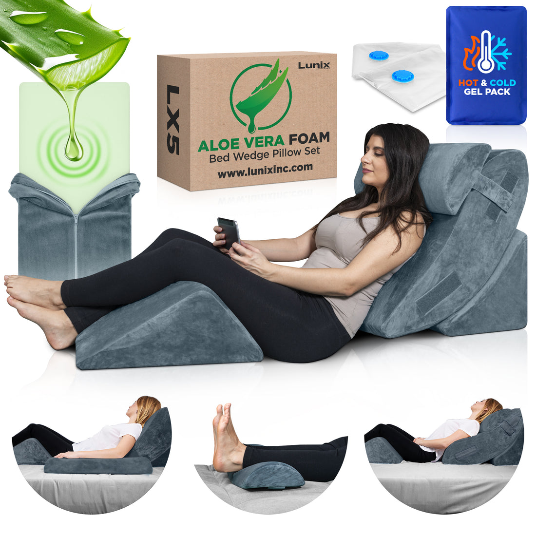 LX5 4pcs Aloe Vera Memory Foam, Orthopedic Bed Wedge Pillow System, with Hot Cold Pack  100% Navy