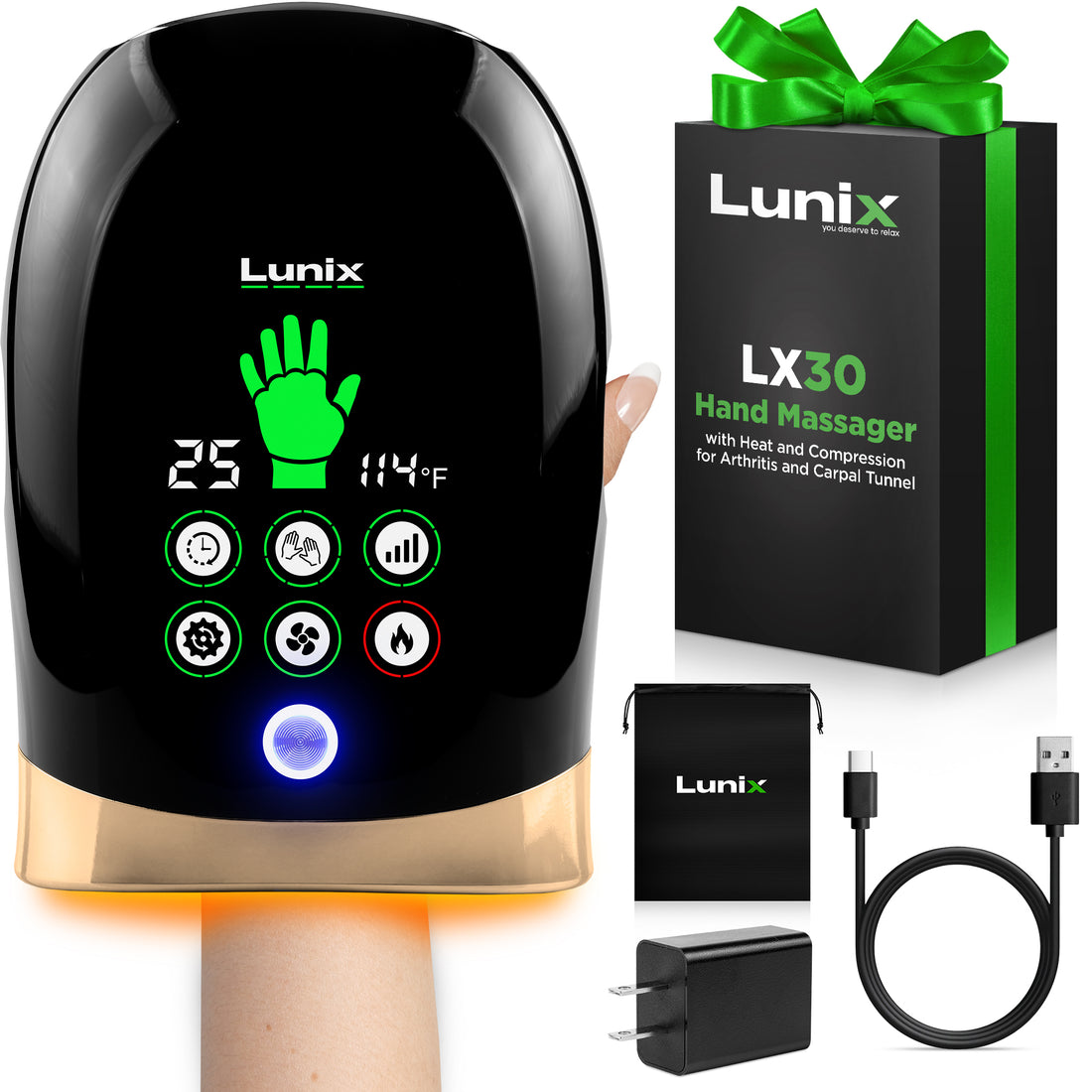 LX30 Hand Massager with Heat and Cold, Kneading and Compression - Black
