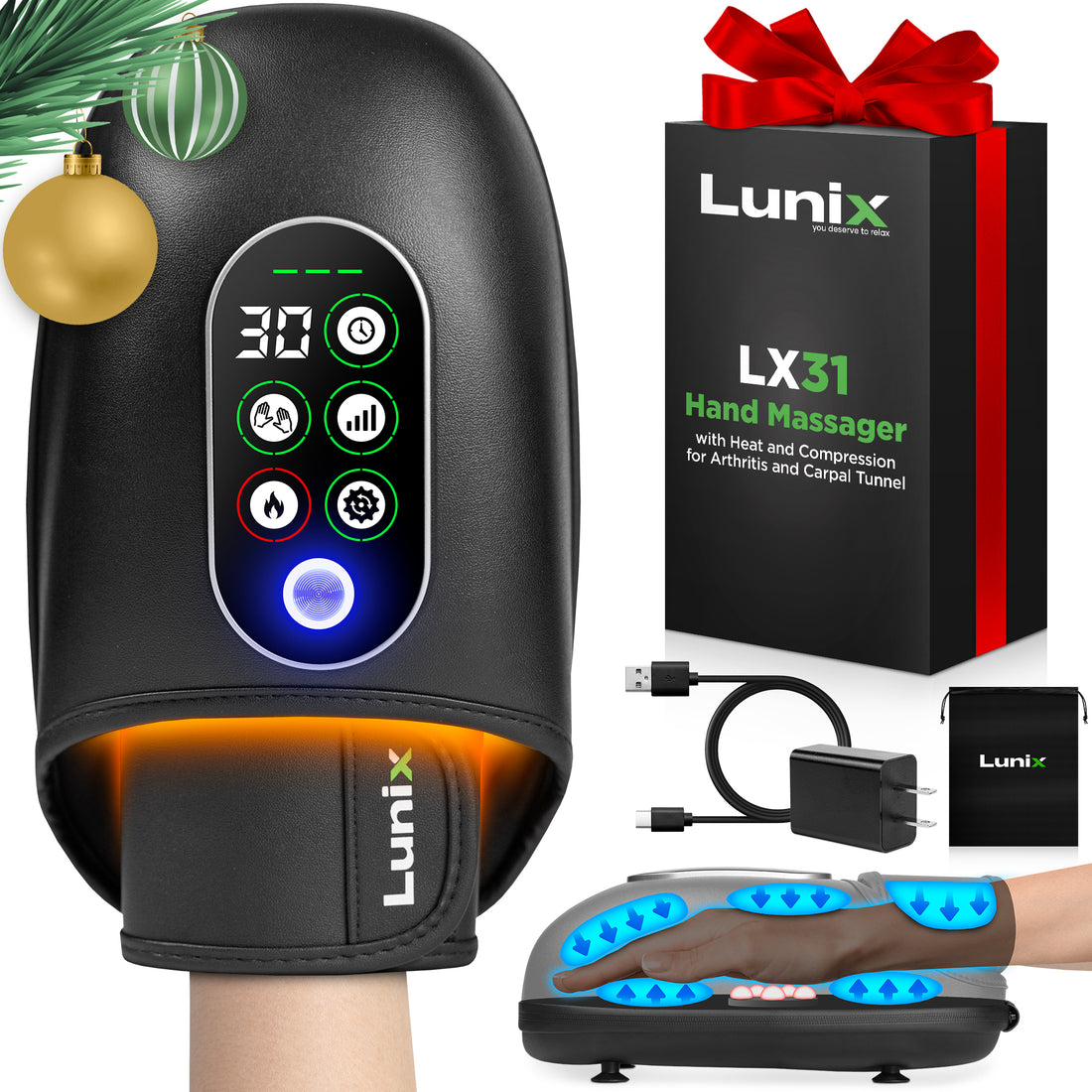 LX31 Hand Massager with Heat, Kneading and Compression - Black