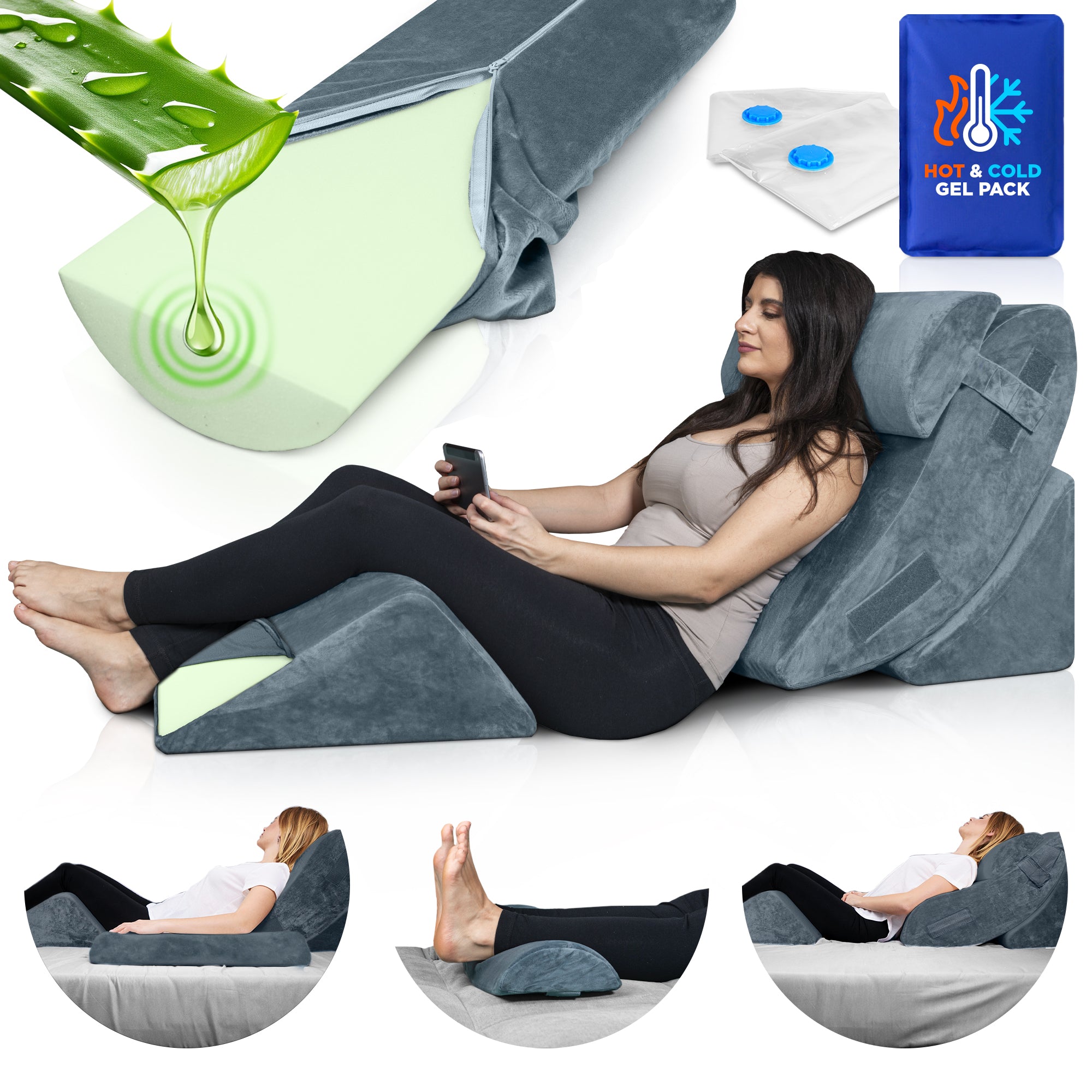 LX5 4pcs Aloe Vera Memory Foam, Orthopedic Bed Wedge Pillow System, with Hot Cold Pack  100% Navy