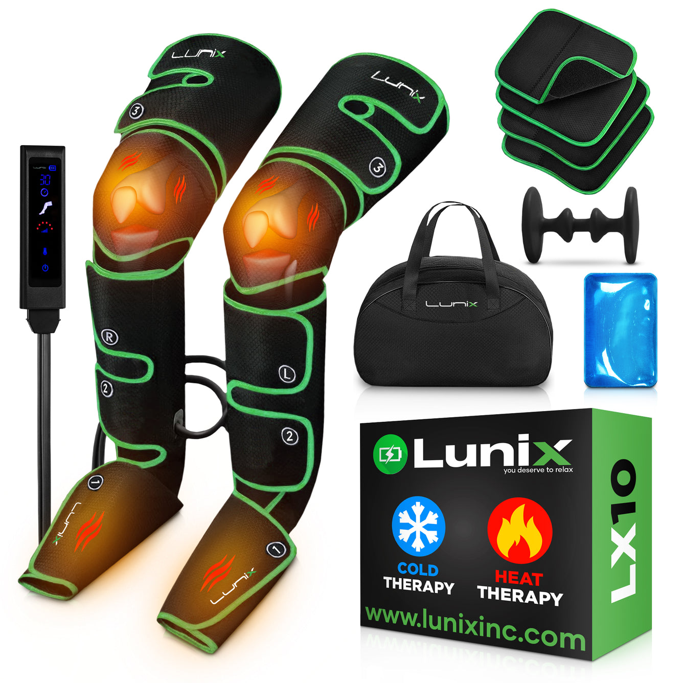 LX10 FULL LEG COMPRESSION MASSAGER, WITH HOT/COLD PACK GREEN