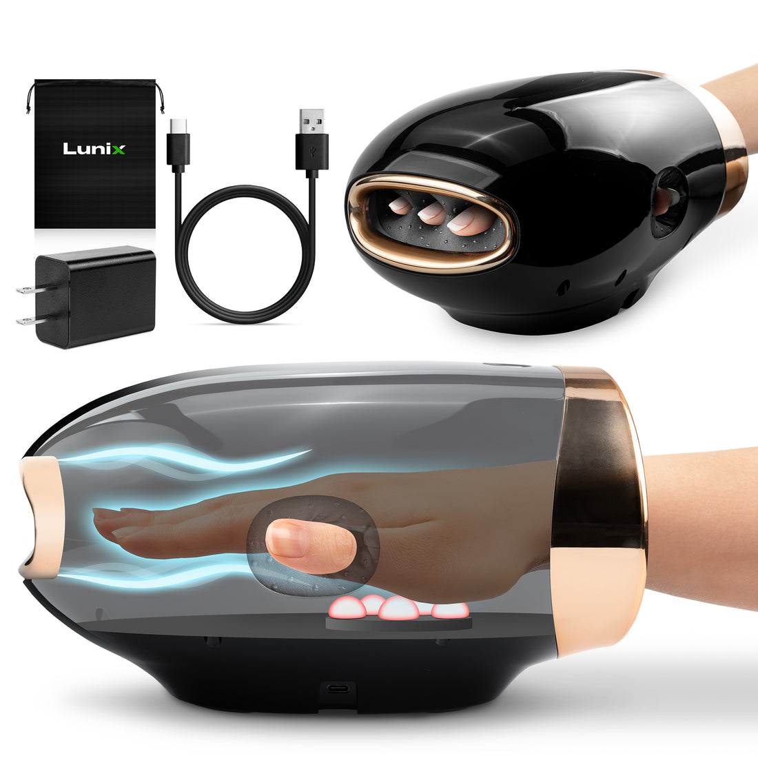 LX30 Hand Massager with Heat and Cold, Kneading and Compression, Charcoal Black