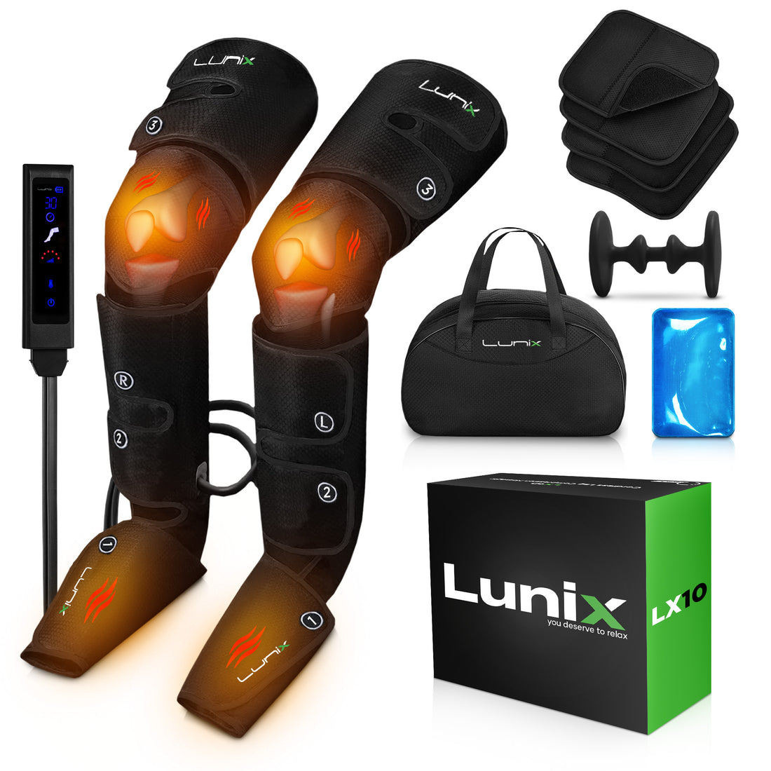 LX10 FULL LEG COMPRESSION MASSAGER, WITH HOT/COLD PACK BLACK