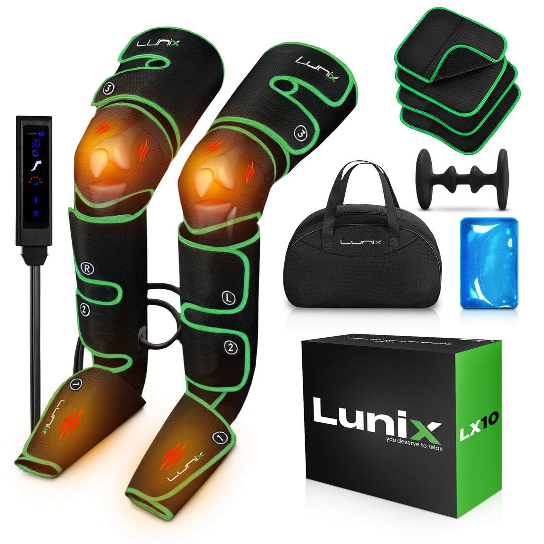 LX10 FULL LEG COMPRESSION MASSAGER, WITH HOT/COLD PACK GREEN