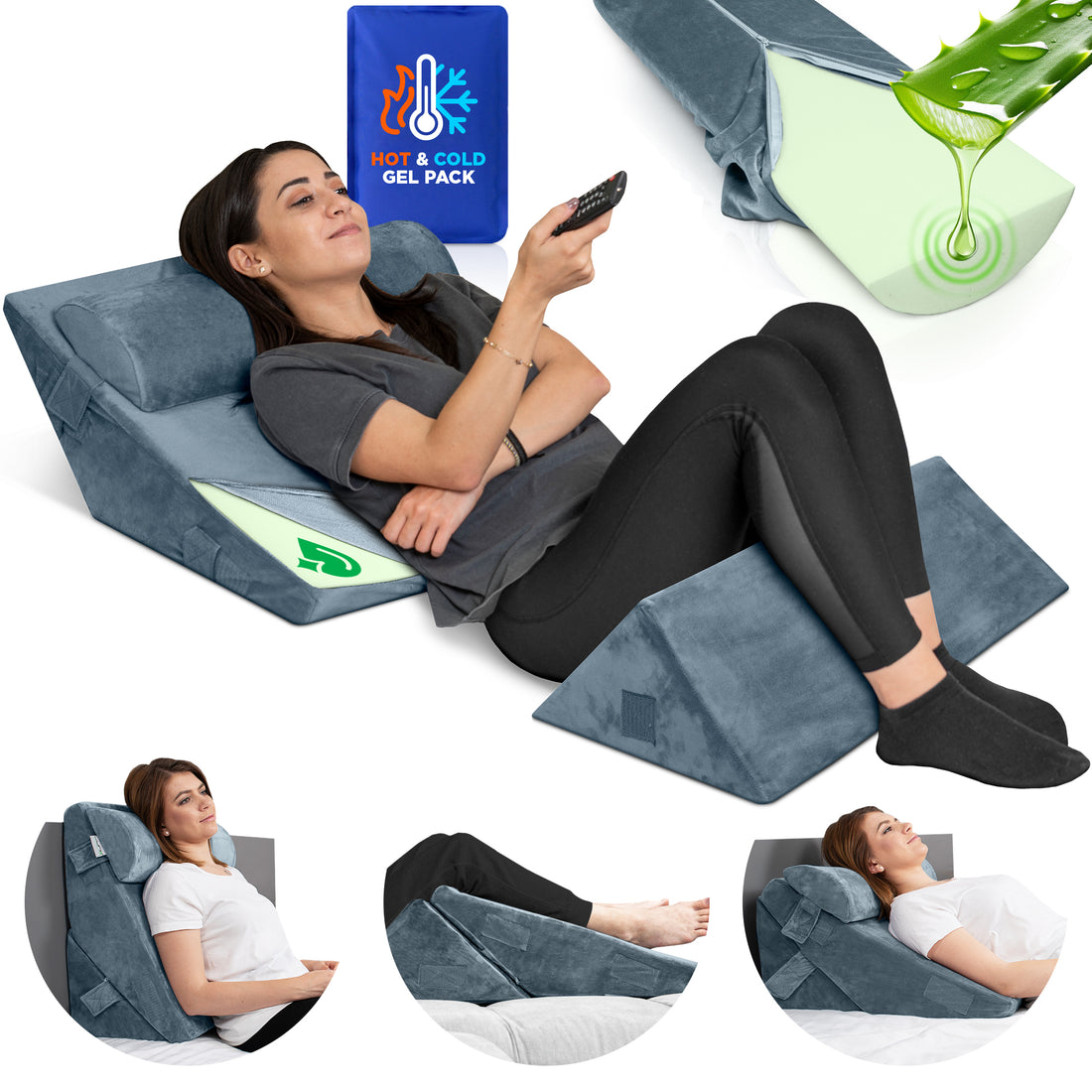 LX6 3pcs Aloe Vera Memory Foam, Orthopedic Bed Wedge Pillow System, with Hot Cold Pack Navy