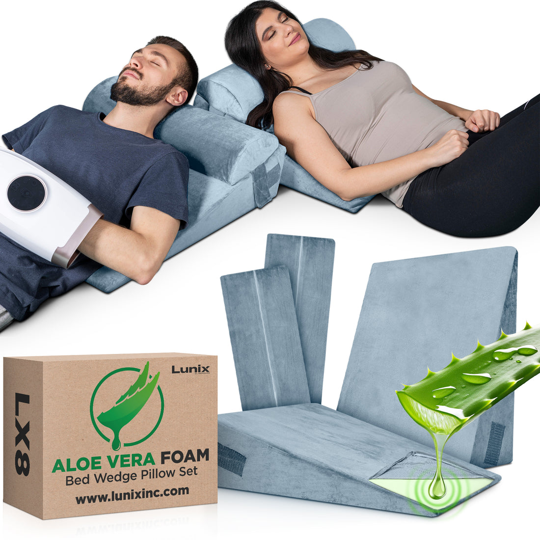 LX8 2-LAYER ALOE VERA MEMORY FOAM, ORTHOPEDIC WEDGE PILLOW SET, WITH HOT COLD PACK GRAY