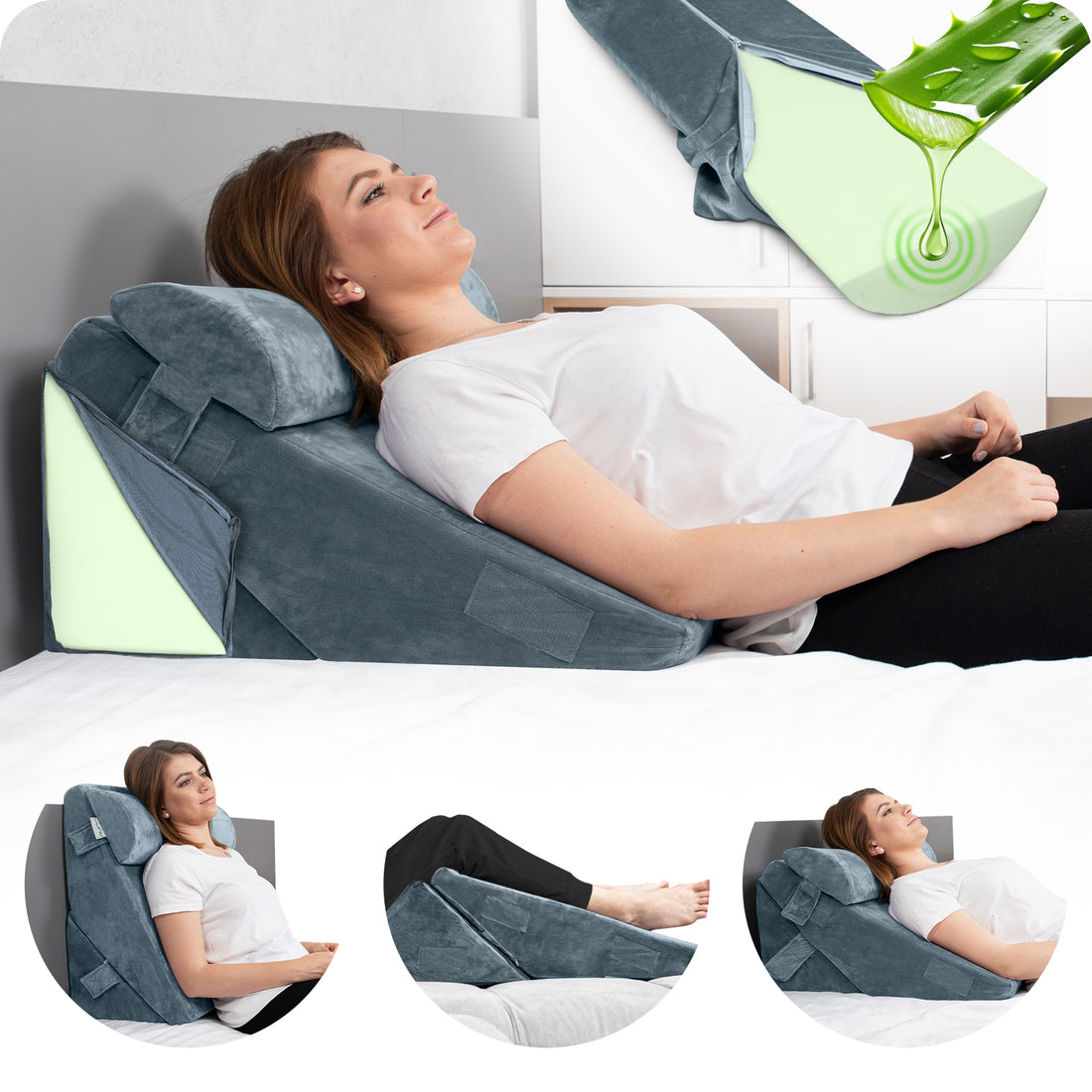 LX6 3-Piece Compact Support for Reading, Rest & Leg Elevation, Wedge Pillow Set, Stone Navy with Aloe Vera