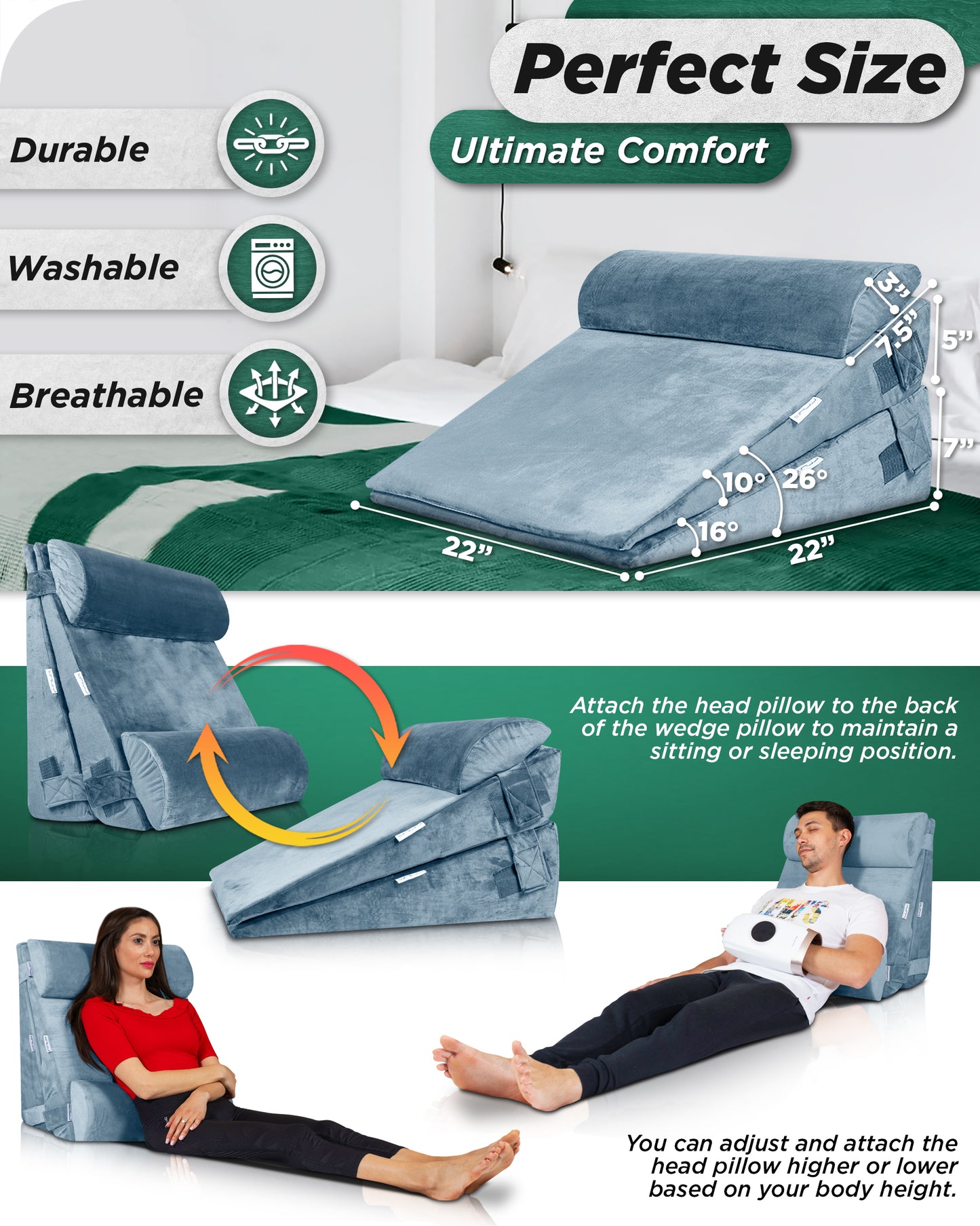 Lunix LX8 2-Layer Wedge Pillow Set + Extra Cover Bundle (Gray)