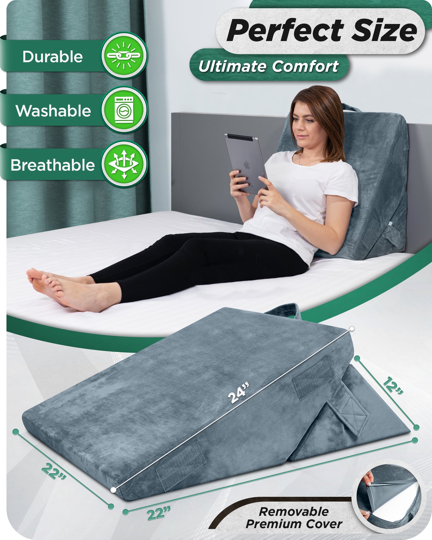 2-Piece Orthopedic Bed Wedge Pillow System, with Hot Cold Pack - Navy