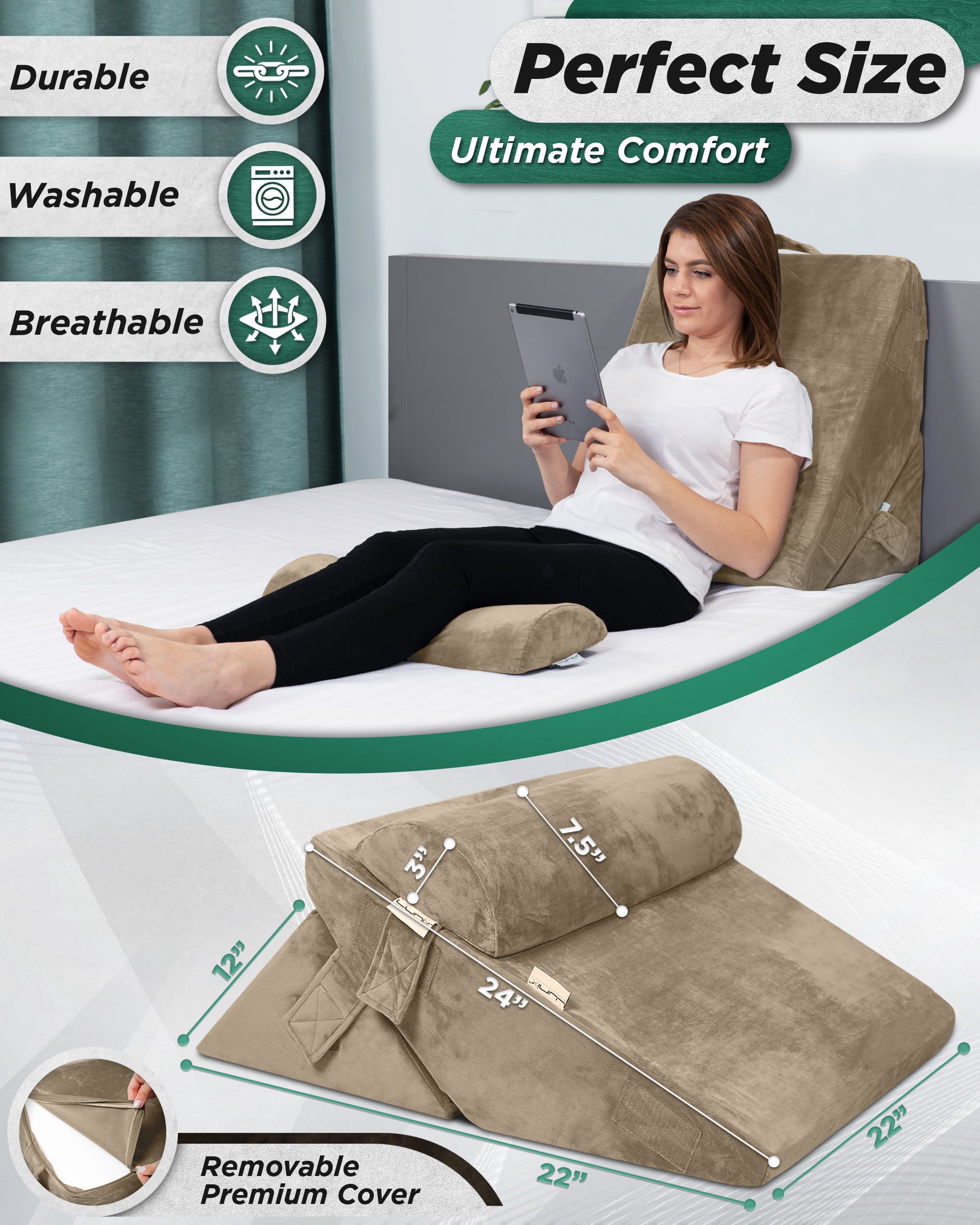 LX6 3pcs Orthopedic Bed Wedge Pillow System, with Hot Cold Pack Brown